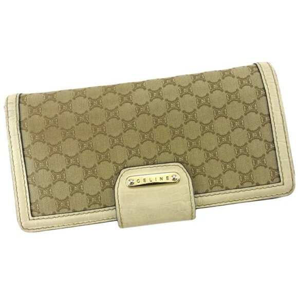 CELINE Long Purse Macadam Beige Canvas ?~ Leather Authentic Used - Picture 1 of 13